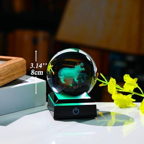Hippopotamus Gifts for Women 3D Crystal Ball 3.14'' - Laser Hippopotamus Decor Glass Animals Hippo Gifts Figurines Statue Stuff for Room Decorations Hippo Night Light