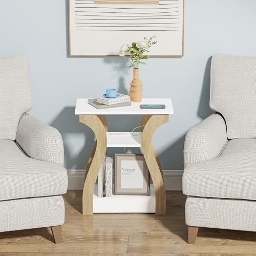 FROMJBEST End Tables Living Room, End Table with Charging Station,White&Oak