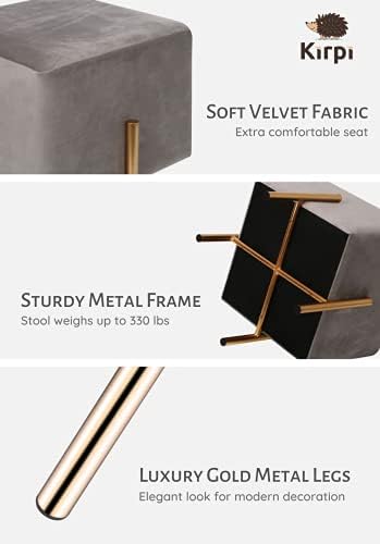 Kirpi Gray Velvet Foot Stool Set of 2, Modern Luxury Vanity Ottoman Stools with Gold Legs, Cube Accent Foot Rest for Living Room Bedroom Makeup Vanity (Gray)