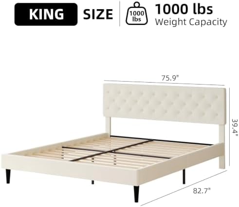 HOMBCK King Size Bed Frame, Upholstered Bed Frame with Headboard, Cream