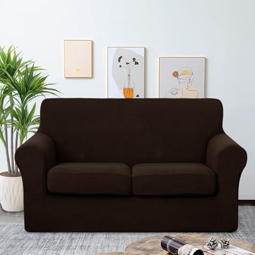 U-NICE HOME 3 Pieces Stretch Loveseat Couch Cover, Chocolate