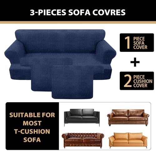 3 Pieces Sofa Covers fot T Cushion Loveseat Slipcover, Sofa Stretch Slip Covers for 2 Cushion Couch with 2 Individual T Shape Seat Covers (Navy, 2 Cushion)