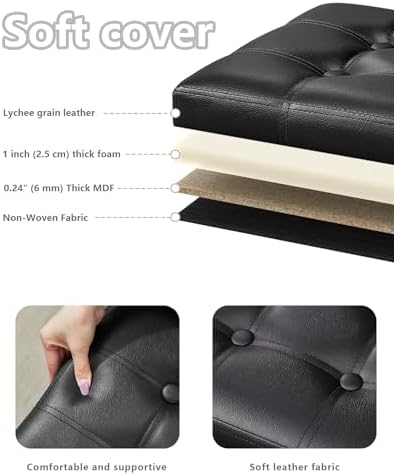 Bsketa Storage Ottoman Bench,17 Inch Folding Leather Foot Rest Stools,Black