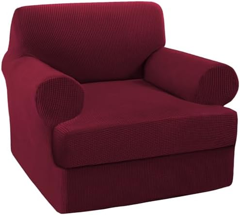 Turquoize T Cushion Chair Slipcover Armchair Slipcover for Living Room Stretch Sofa Couch Cover Soft Armchair Cover Furniture Covers with Individual T Cushion Seat Covers (Chair, Burgundy)