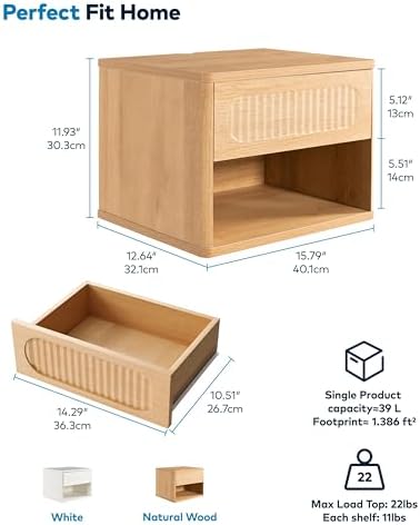 Wooden Fluted Floating Nightstand Set of 2, Wall Mounted w/Drawer & Shelf, Waterproof & Scratch-Resistant, Metal Glide, Compact for Small Spaces (15.8”W x 12.6”D x 11.9”H, Natural Wood)