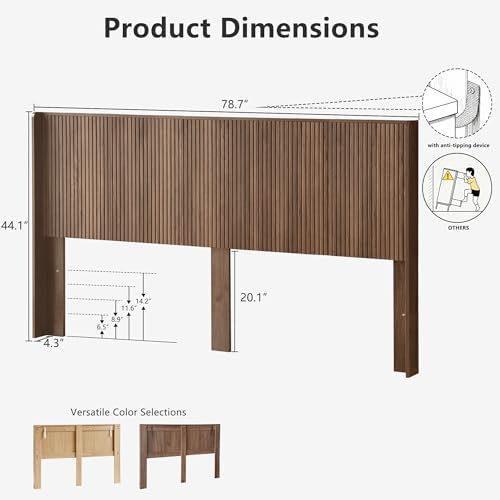 FORTUNETEC 78.7" King Size Wooden Headboard, Fluted Panel Headboard, Walnut
