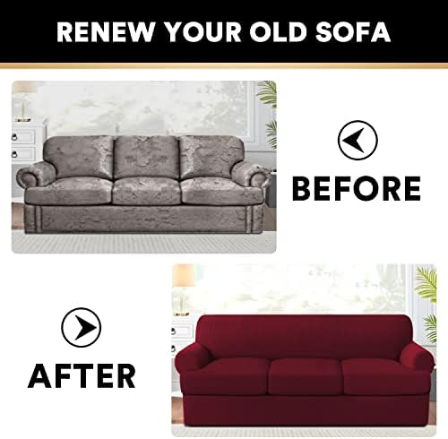 PrinceDeco T Cushion Sofa Slipcover 4 Pieces Sofa Covers for T Cushion Couch Soft Sofa Slip Covers Furniture Protector with 3 Individual T Shape Seat Covers Width Up to 88" Burgundy