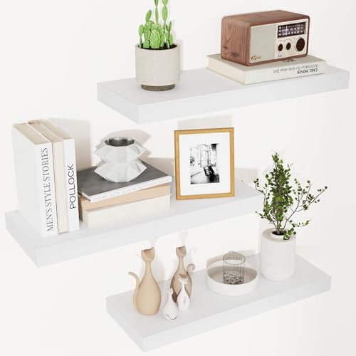 fuqing White Floating Shelves for Wall, 17 Inch Wood Wall Shelves Set of 3