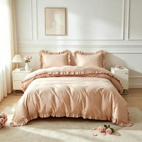 Simple&Opulence Kids 100% Organic Cotton Duvet Cover with Ruffle 68 x 86-2 PCS High End Floral Frill Lace Bedding, Romantic Cottagecore Style Comforter Cover with 1 Pillowcase, Sand, Twin