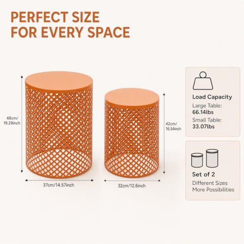 Set of 2 Outdoor Side Table, Garden Stool for Patio, Metal Accent Table Modern End Table, Patio Side Table for Garden, Balcony, Bedroom Indoor Outdoor Decorative, Terracotta Orange