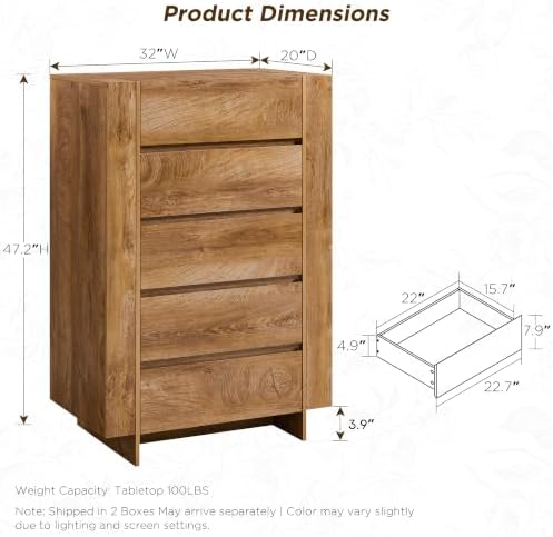 OKD 47" Tall 5 Drawer Dresser for Bedroom, 20" Depth for More Storage