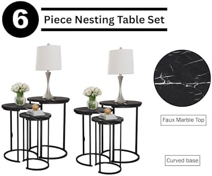 Lavish Home Round Nesting Tables Set of 6, Faux Marble Tabletop, Black