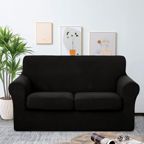 U-NICE HOME 3 Pieces Stretch Loveseat Couch Cover, Black