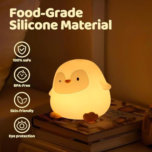 Rytinazzz Silicone Night Light for Kids, 50H Long Battery Penguin Lamp, Gift for Kids, Rechargeable Tap Control, Soft Dimmable Bedside Light with Timer