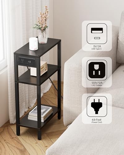 TUTOTAK Narrow Side Table, 3-Tier Small End Table with Charging Station