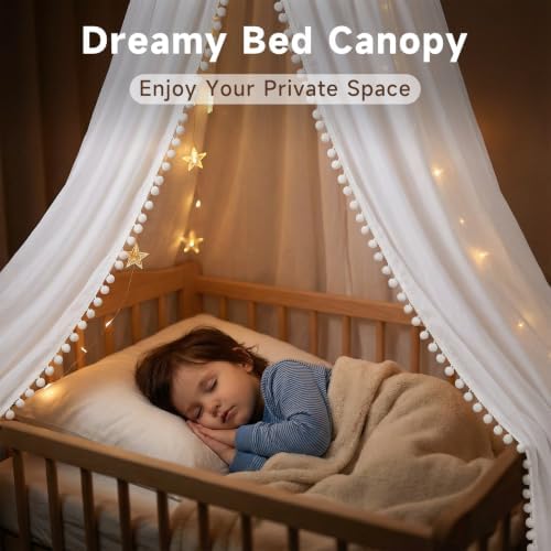 LOAOL Bed Canopy with Pom Pom Kids Reading Nook Hanging Tent (White)