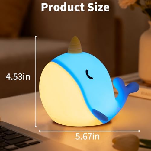 Cute Narwhal Night Light, Tap Control with 3 Warm White Brightness, USB Kids Bed Lamp with 30-Minute Timer, Soft Silicone Glow for Nursery, Birthday Gift, Blue
