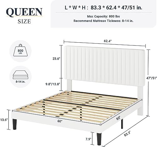 Allewie Queen Bed Frame, Velvet Upholstered Platform Bed with Adjustable Vertical Channel Tufted Headboard, Mattress Foundation with Strong Wooden Slats, Box Spring Optional, Easy Assembly, Off-White