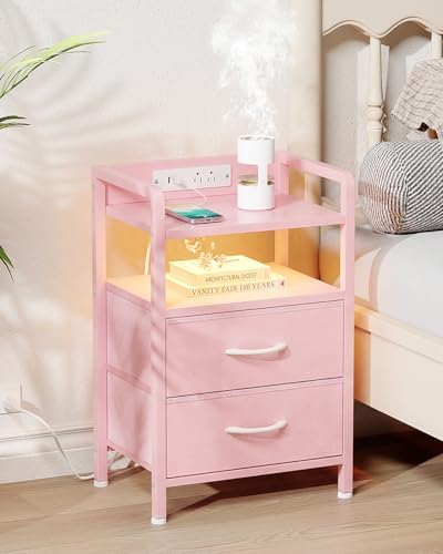 Lazzanto Nightstand with Rear Charging Station, LED Light, 2 Drawers, Pink