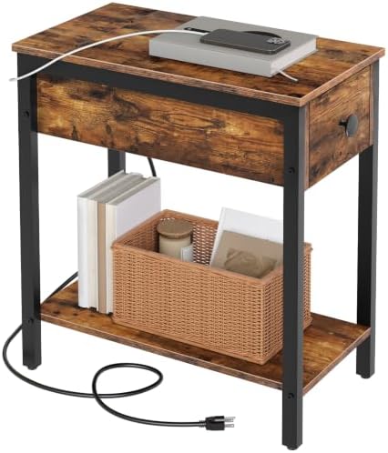 HOOBRO End Table with Charging Station, Narrow Side Table, Small Nightstand, Bedside Tables with Drawer and Storage Shelves, for Small Spaces, Living Room, Bedroom, Rustic Brown and Black BF041BZ01G1