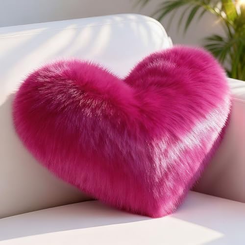Hot Pink Heart Pillow, Faux Fox Fur Heart Decorative Pillows, Heart Shaped Throw Pillow for Bed, Soft Fluffy Decorative Cushion for Chair Sofa Living Room - Plush Pillow Home Decor