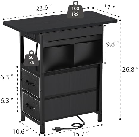 Yenlure Small Side Table with Charging Station, Narrow Nightstand Bedside Tables with Storage Pocket for Living Room Bedroom, Sofa End Table with USB Ports and Power Outlets for Small Spaces