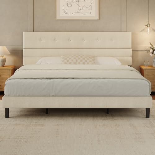 GRUSIGN King Size Bed Frame with Linen Fabric Headboard, Adjustable Height Upholstered Platform Bed Frame with Wooden Slats, Easy Assembly, Beige