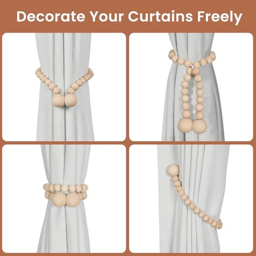 KLOGTSIND Magnetic Curtain Tiebacks, 4 Pack Wood Bead Curtain Holdbacks