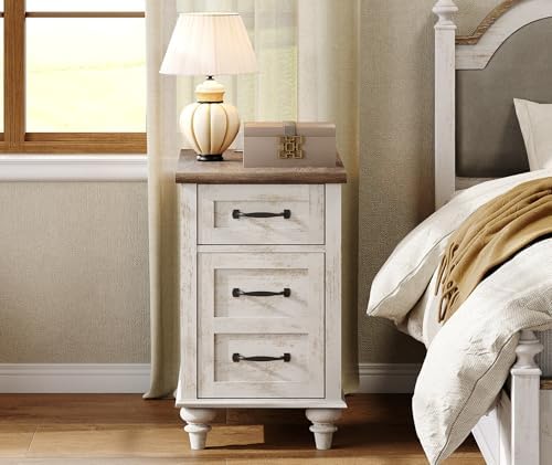 WAMPAT Narrow End Table with Charging Station, Wood Nightstand with Storage