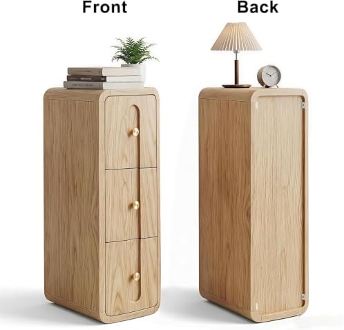 Narrow Nightstand Set of 2, Small Bedside Table with 3 Drawers, Mid Century Modern Skinny Nightstand with Storage, Wood Slim Side Table for Bedroom, Living Room (Natural-2pcs)