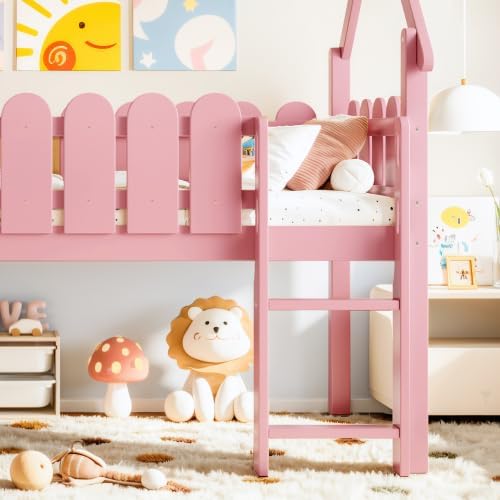 Bellemave Low Loft Bed Twin with Slide and Lights Strip for Kids, Pink