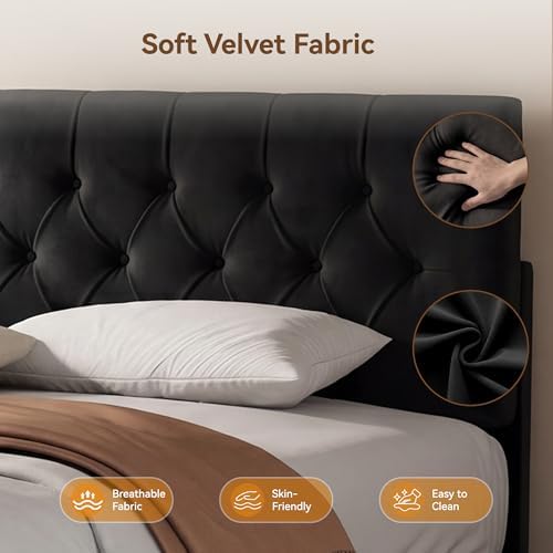 Full Size Bed Frame with Headboard, Luxury Velvet Fabric Upholstered Bed frame with Button Tufted Design, Strong Wooden Slats Support - Low & Sturdy, Noise-Free, No Box Spring, Easy Assembly, Black