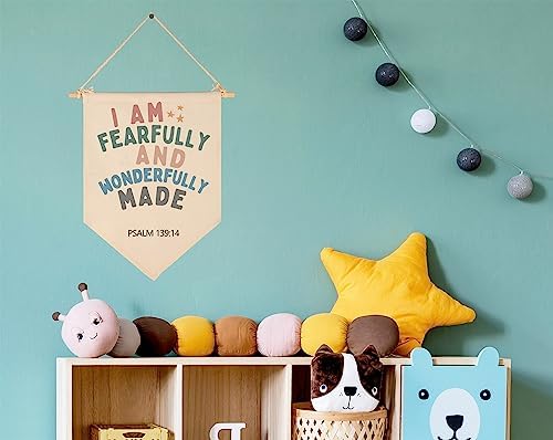 Christian Bible Verses Art-Scripture Flag Sign Gift for Baby Newborn Boys Girls Kids-Banner Wall Decor Gift for Nursery Bedroom Playroom Front Door-Baby Gift Shower-I Am Fearfully