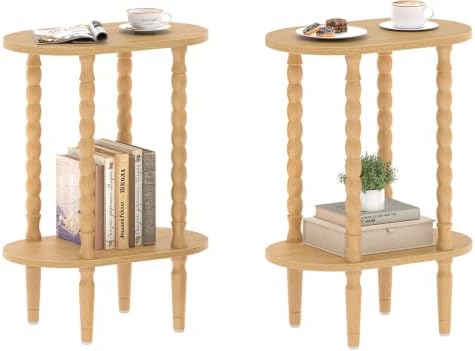 TUTOTAK Narrow Side Table with Solid Wood Legs, Oval End Table Set of 2