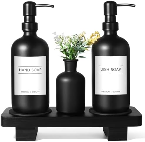 Dish Soap Dispenser for Kitchen, Black Hand Soap Dispenser with Stainless Steel Pump, Kitchen Soap Dispenser Set with Wood Riser Tray, Matte Black Bathroom Soap Dispenser Set Bathroom Decor