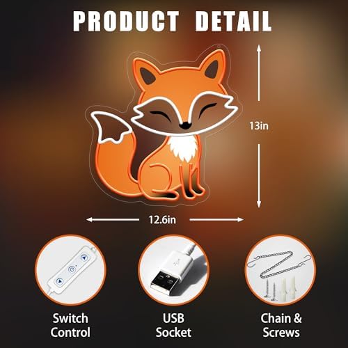 Fox Neon Sign, Dimmable LED Night Light for Bedroom Wall Decor, Cute Fox Room Decor Gift for Kids Teens and Fox Lovers
