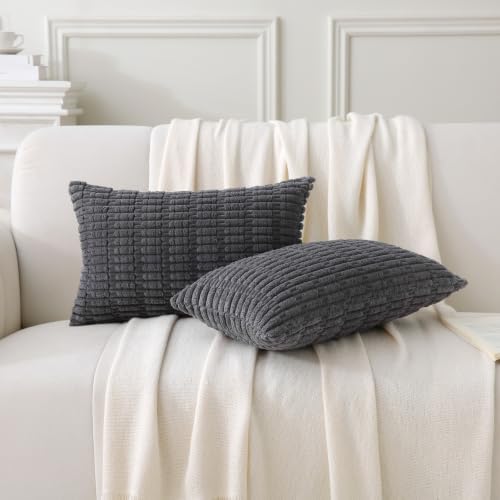 2 Pack Corduroy Decorative Throw Pillow with Inserts, 18x18 Inch Soft Boho Throw Pillow, Square Striped Throw Pillows for Couch, Bed, Sofa Decor (Dark Gray, 12" x 20" (with Inserts))