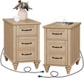 WAMPAT Set of 2 End Tables with Charging Station, Farmhouse Side Table, Oak