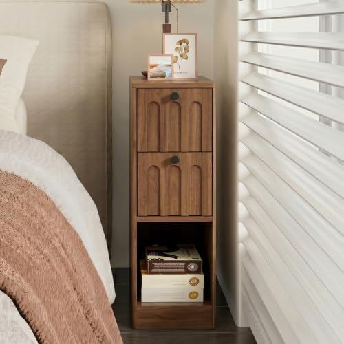 Narrow Walnut Nightstand, Small Bedside Table, Wood Nightstand with Arched Drawer, Side End Table, Mid Century Modern Night Stand, Bedroom, Small Spaces, Slim