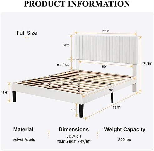 SHA CERLIN Full Upholstered Platform Bed Frame with Vertical Channel Tufted Velvet Fabric Adjustable Headboard, Wooden Slats Support, Mattress Foundation, Box Spring Optional, White