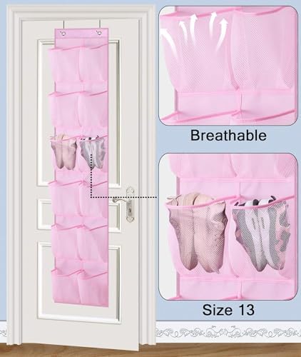 MISSLO Over The Door Shoe Organizer 12 Large Mesh Pockets Hanging Narrow Closet Door, Baby Hanging Shoe Rack Kids Closet Storage bags for Girl Women Men Toddler Nursery, Pink, 2 Pack