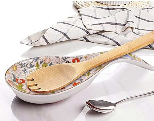 Ceramic Spoon Rest for Stove Top Kitchen Counter Large Spoon Holder Farmhouse Floral Flowers Print Coffee Spoon Cooking Utensil Tools Rest Modern Kitchen Decor