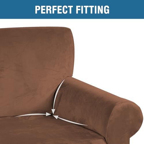 H.VERSAILTEX Stretch Velvet Loveseat Covers for 2 Cushion Couch Covers for Living Room Sofa Covers Slipcovers with Non Slip Straps Bottom, Ultra Thick Comfy Velour (Width 58"-72", Caramel Cafe)
