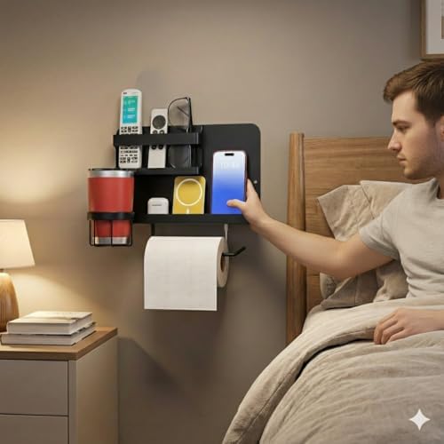 Bedside Shelf for Bed, Metal Floating Nightstand Wall Organizer, No Drill Dorm Room Essentials, Heavy Duty Caddy with Cup Holder & Charging Station for Bunk Bed, Loft, Remote - Matte Black