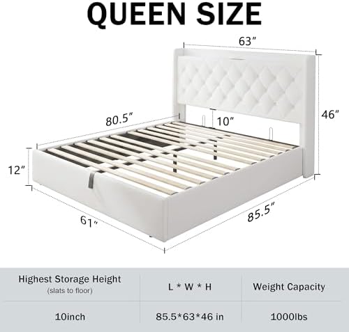 GalnFu Queen Size Bed Frame with Storage, Upholstered Queen Lift up Storage Bed Frame with Charging Station, Button Tufted Headboard, No Box Spring Needed, Easy Assembly, Noise Free, White