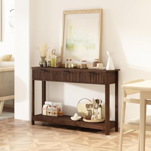 RUSTOWN Fluted Wood Console Table with 3 Drawers, 47.2" Boho Entryway Table