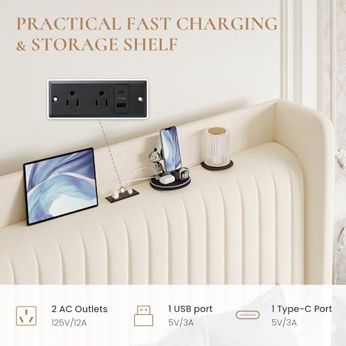 SHA CERLIN Full Size Velvet Bed Frame with Shelf, Charging Station, Cream