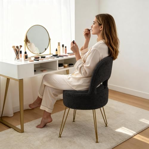 LITZFUR Round Vanity Stool with Storage & Folding Back, Black Makeup Chair