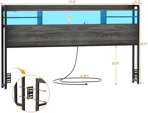 Aheaplus Headboard for King Size Bed with Storage and Outlets, Black Oak