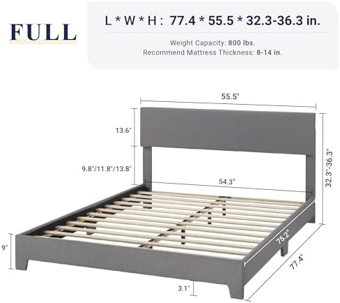 Allewie Full Size Upholstered Bed Frame Adjustable Headboard, Light Grey